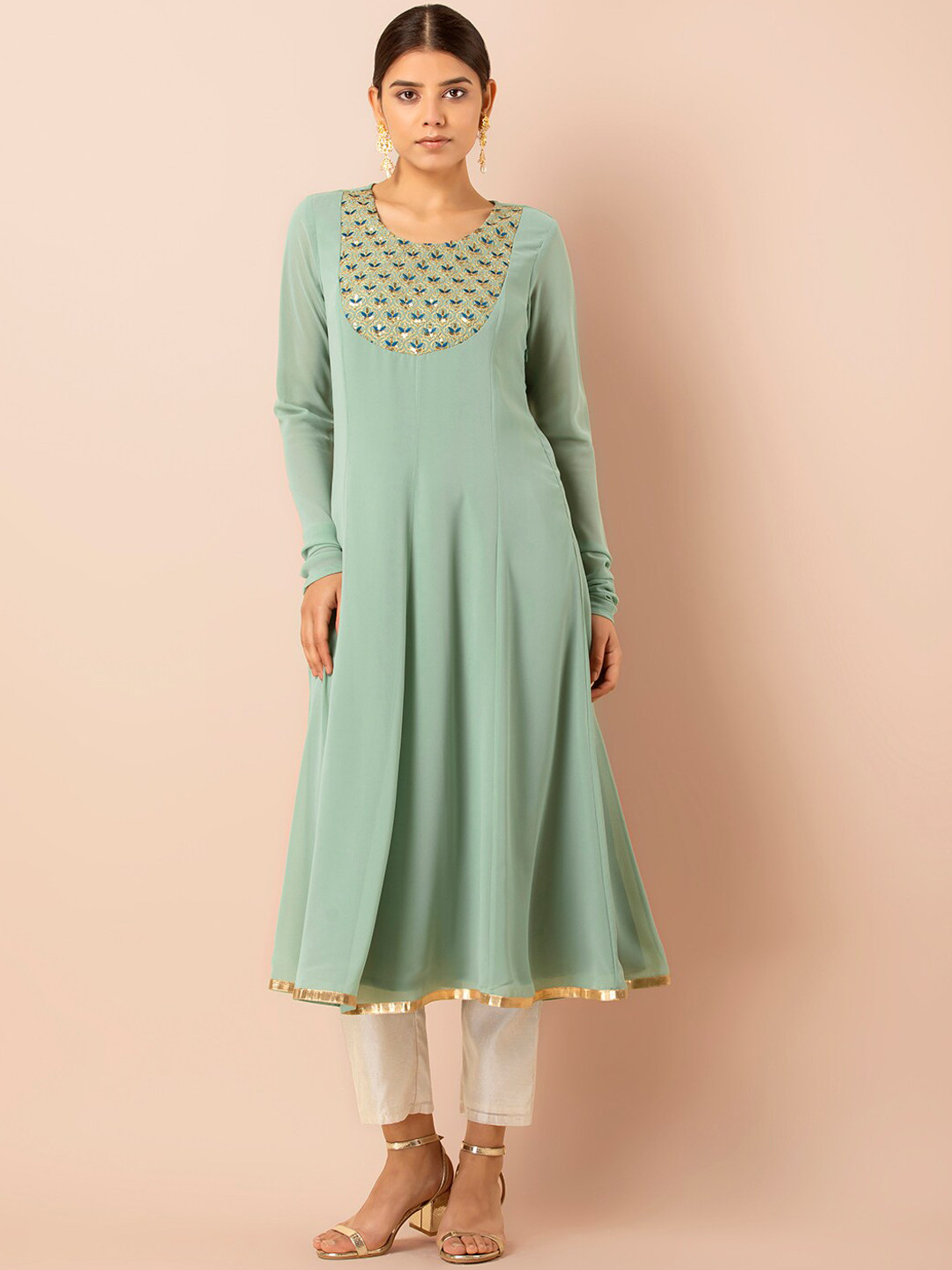 

INDYA Women Green Embroidered A-Line Kurta