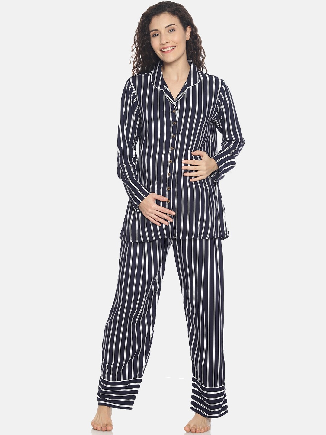 

The Mom Store Women Blue & White Striped Maternity Night suit
