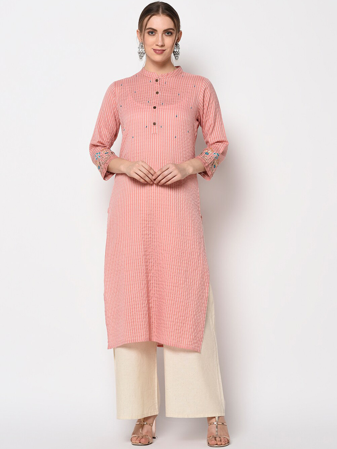 

Yufta Women Peach-Coloured Striped Straight Kurta