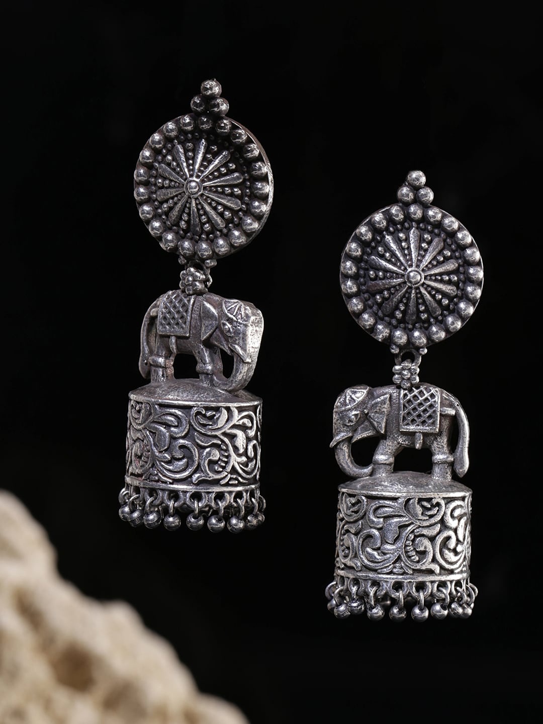

Yellow Chimes Silver-Toned Contemporary Jhumkas