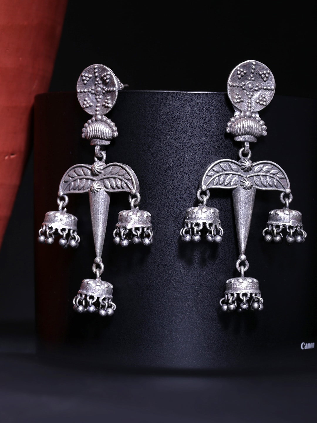 

Yellow Chimes Silver-Plated Oxidised Contemporary Jhumkas