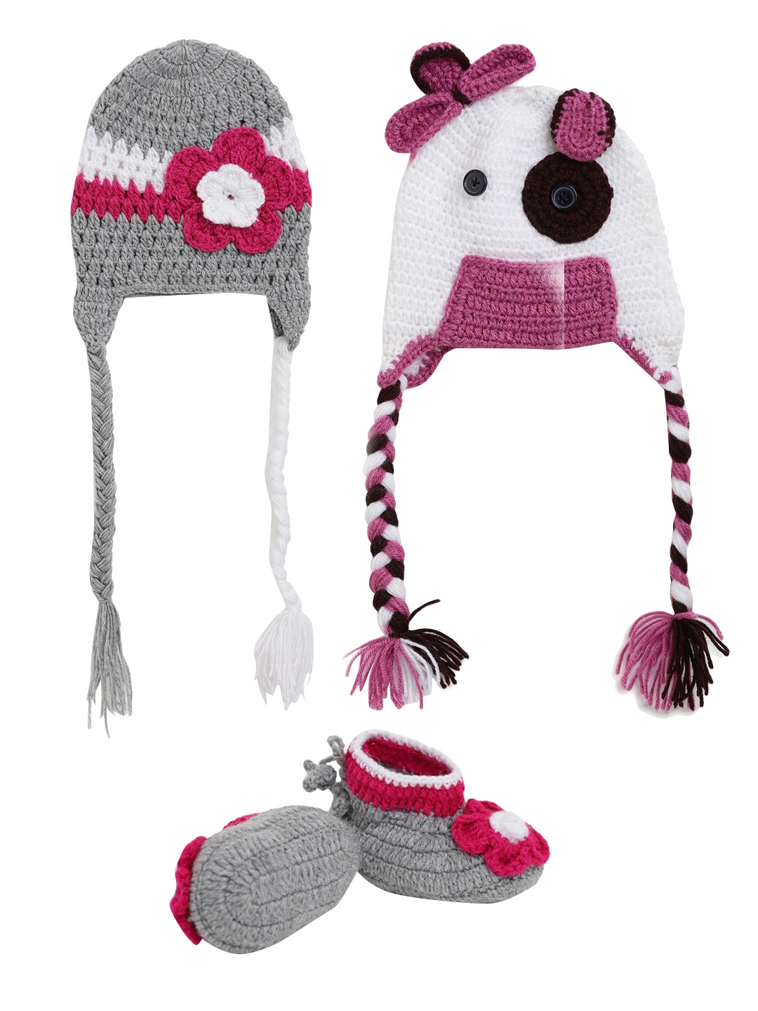 

CHUTPUT Kids Pack of 2 Self Design Beanies with Mittens, Grey