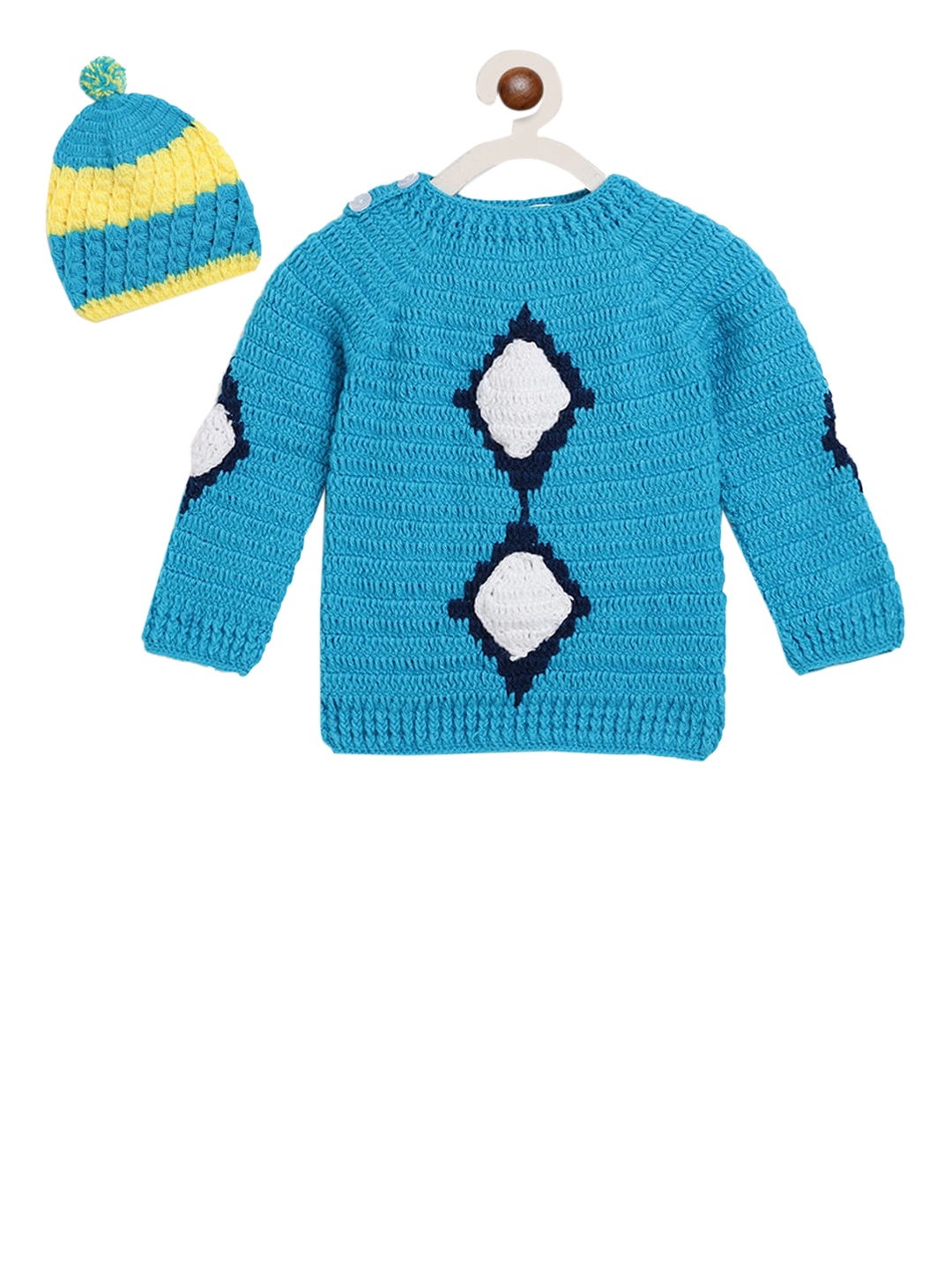 CHUTPUT Unisex Kids Blue Self Design Pullover Sweater with Cap