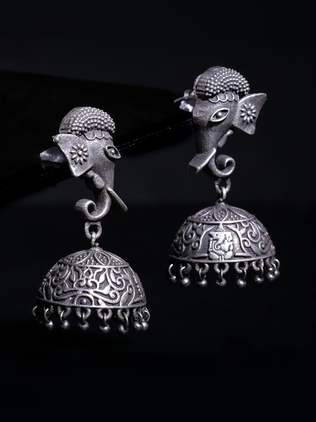 

Yellow Chimes Silver Plated Oxidised Contemporary Jhumkas
