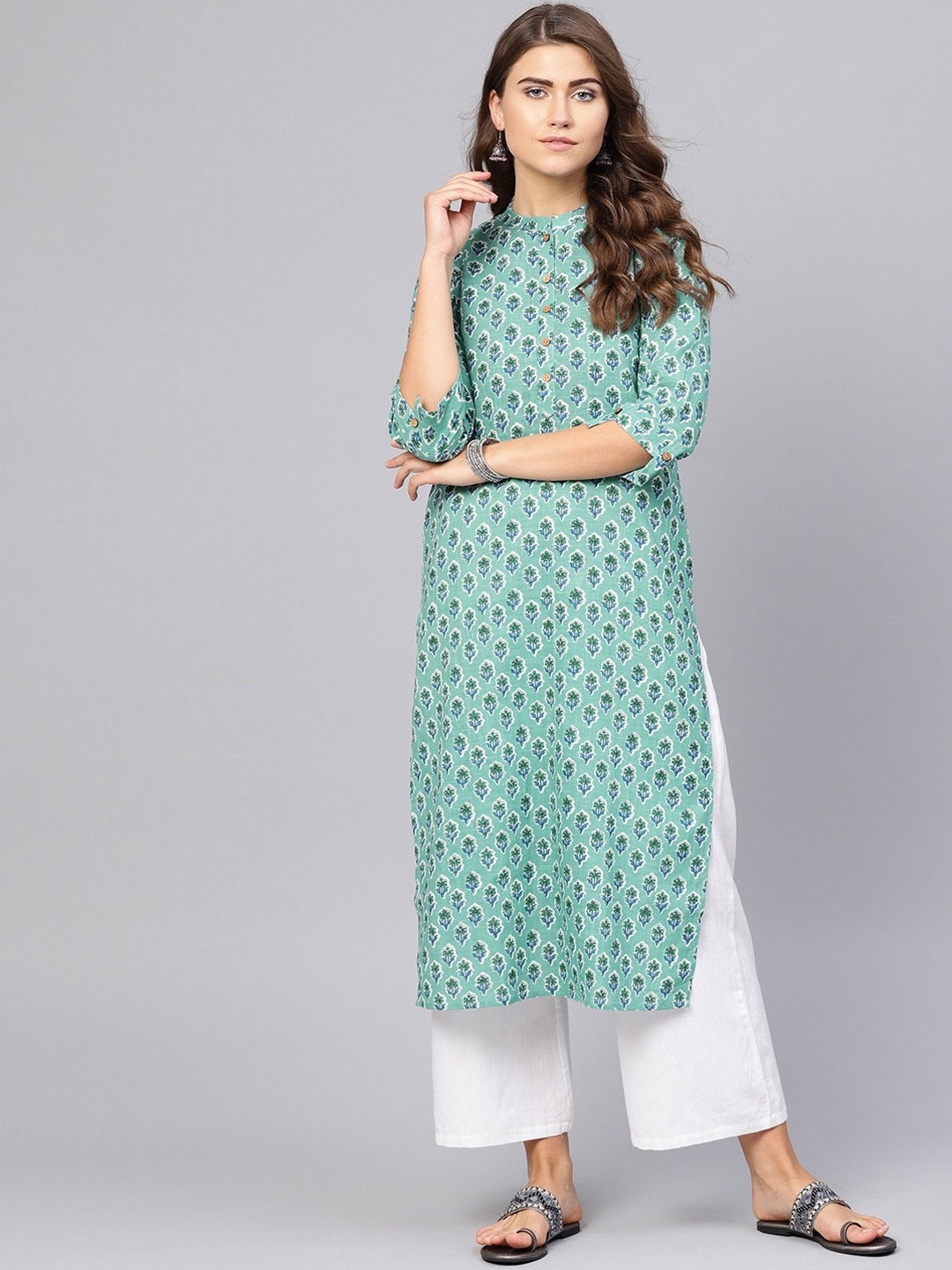 

Yuris Women Green & Blue Printed Straight Kurta