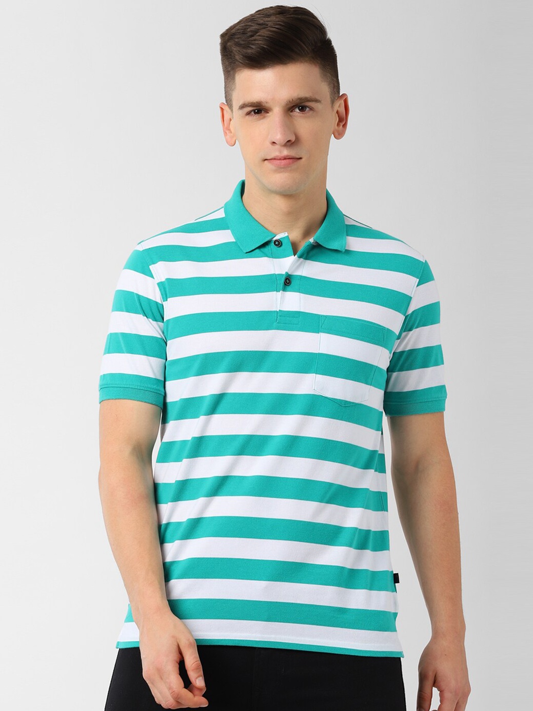 

Peter England Casuals Men Sea Green Striped Polo Collar T-shirt