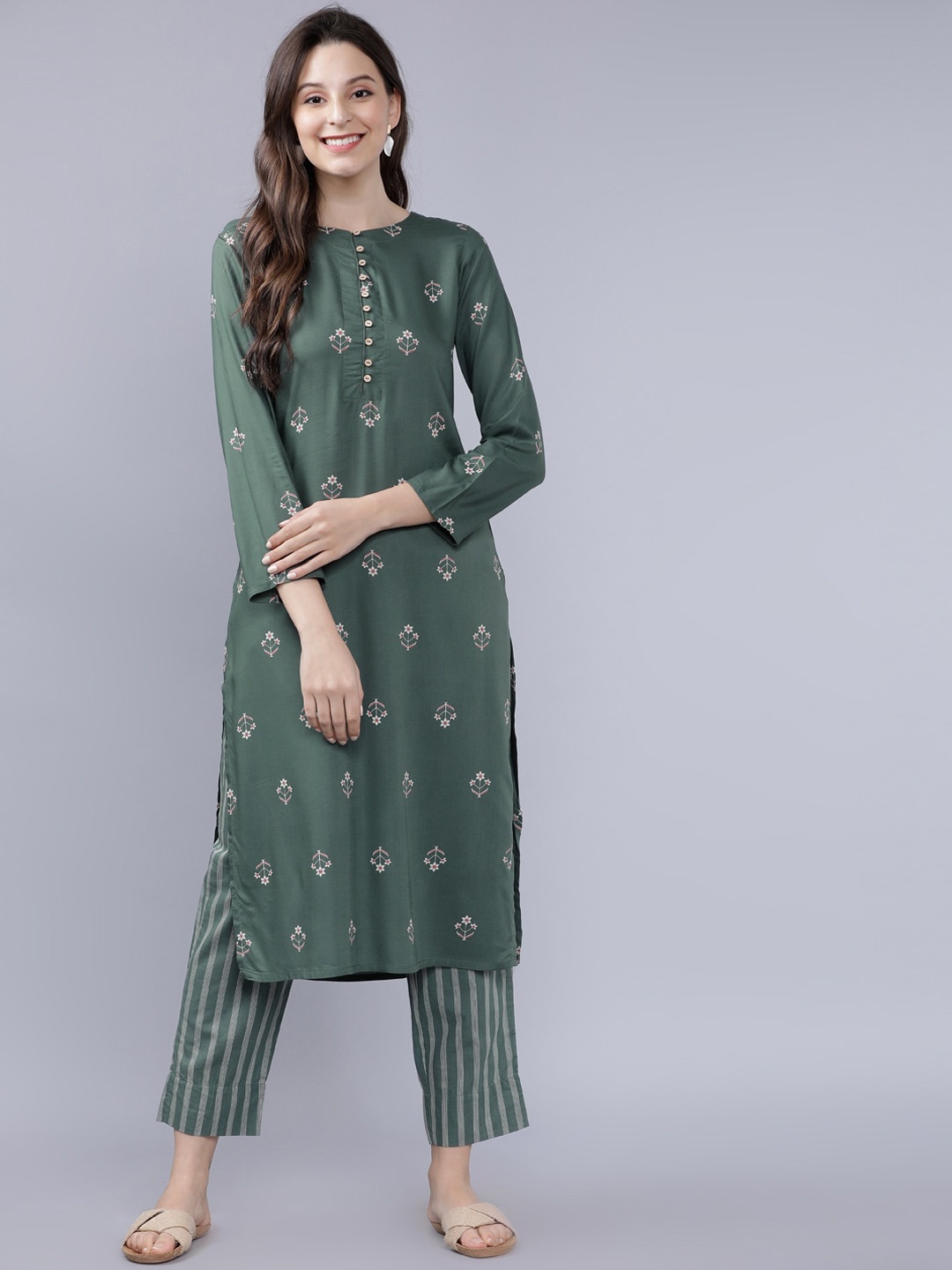 

Vishudh Women Olive Green Printed Kurta with Trousers