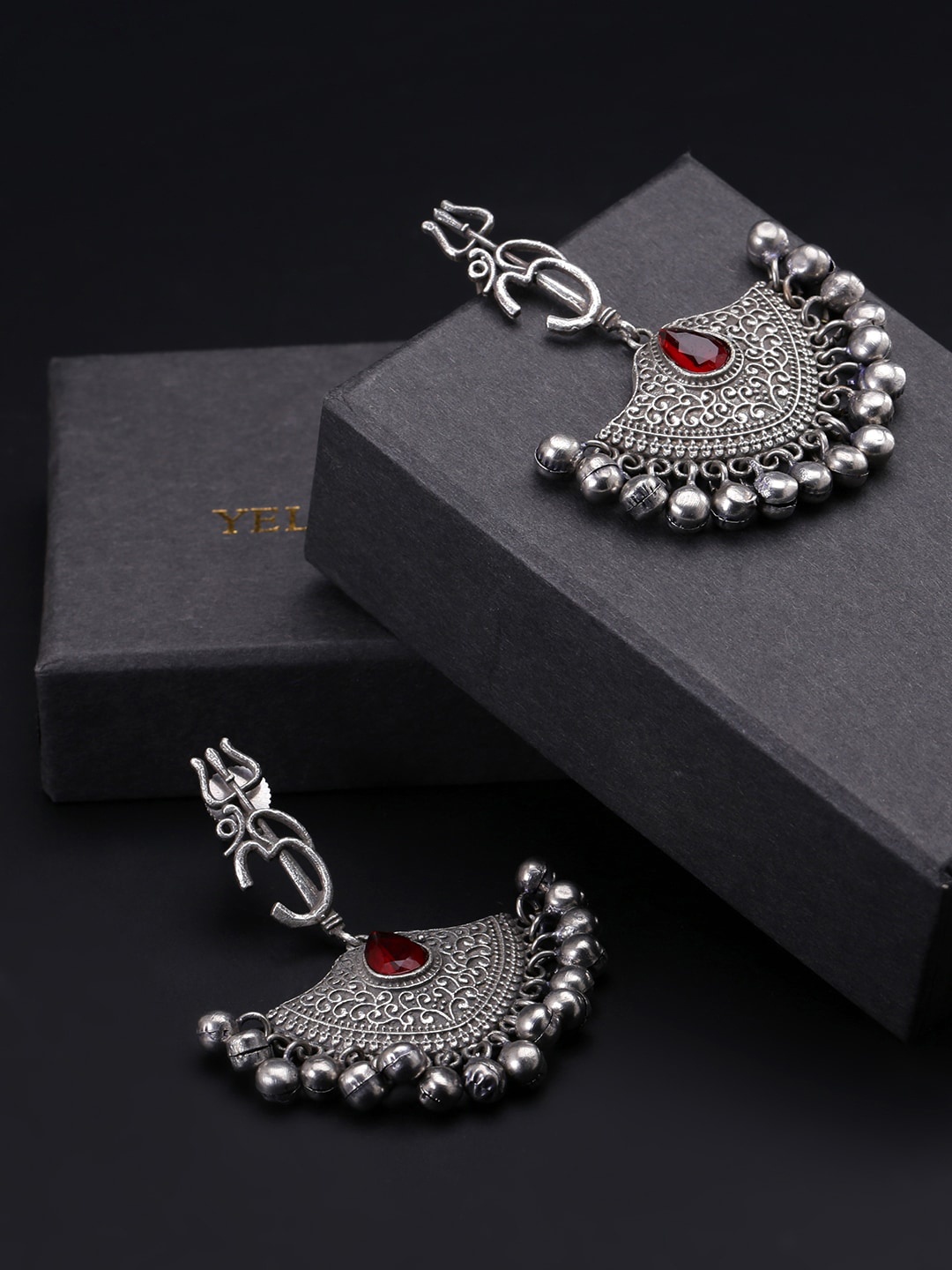 

Yellow Chimes Silver-Toned & Red Contemporary Jhumkas