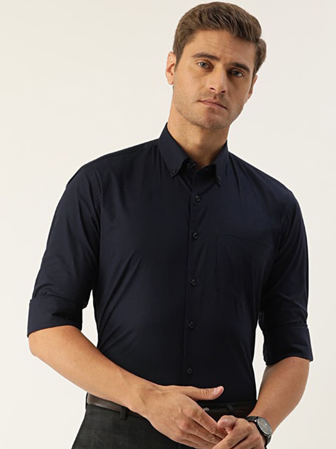 Hancock Men Navy Blue Slim Fit Solid Casual Shirt