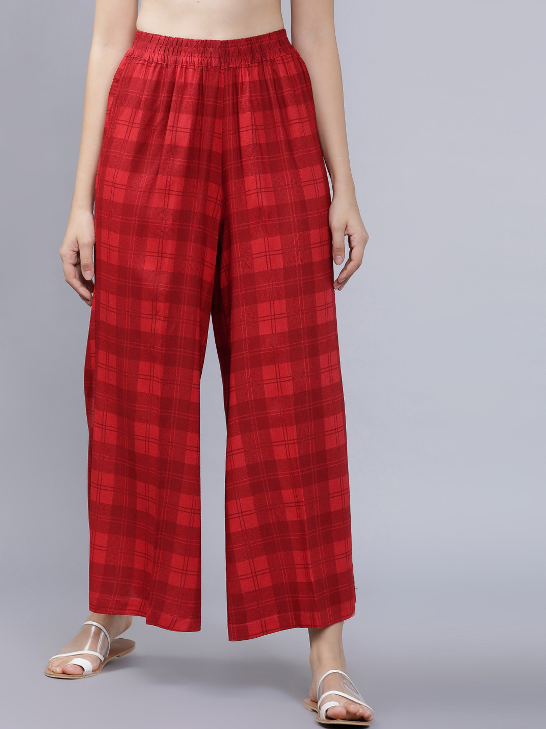 

Vishudh Women Red Checked Straight Palazzos