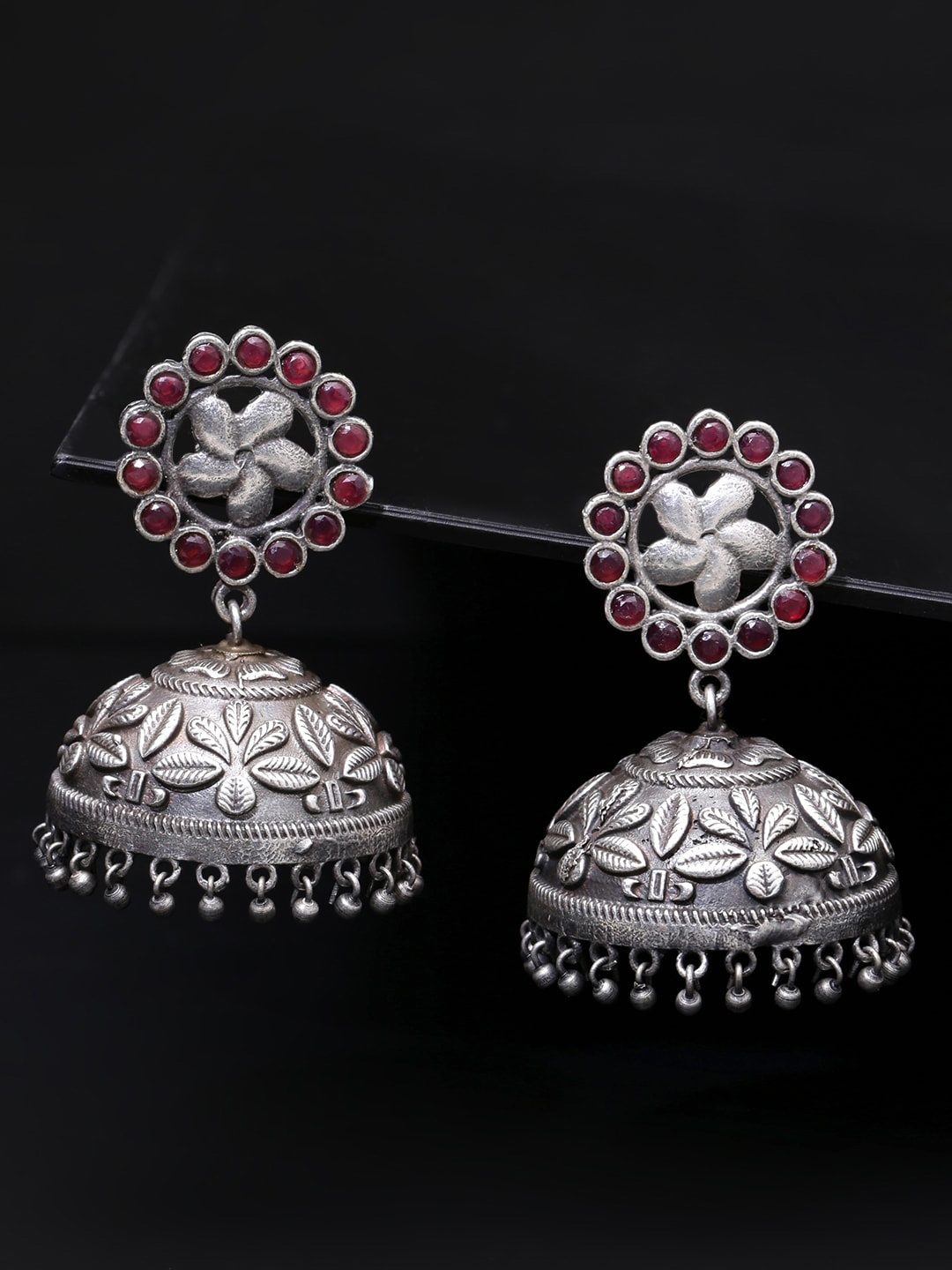 

Yellow Chimes Silver-Plated Oxidised & Pink Dome Shaped Jhumkas