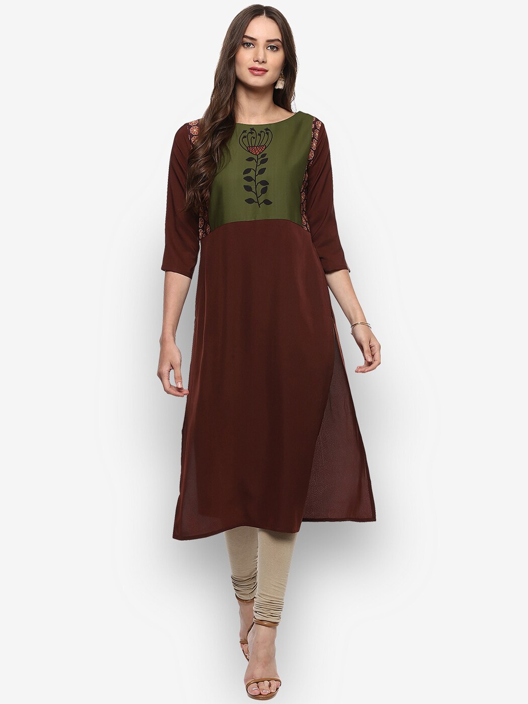 

Janasya Women Brown & Green Yoke Design Straight Kurta