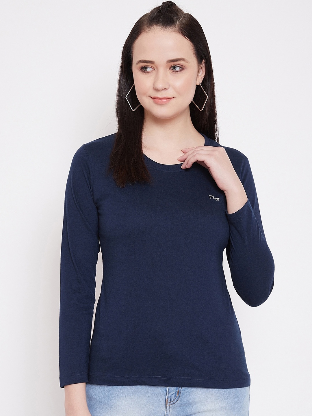 

Plagg Women Navy Blue Solid Round Neck T-shirt