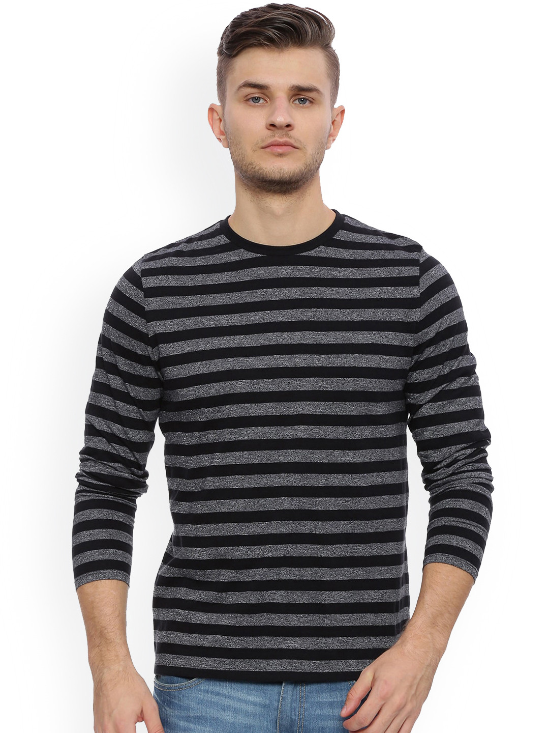 

Basics Men Black Striped High Neck T-shirt