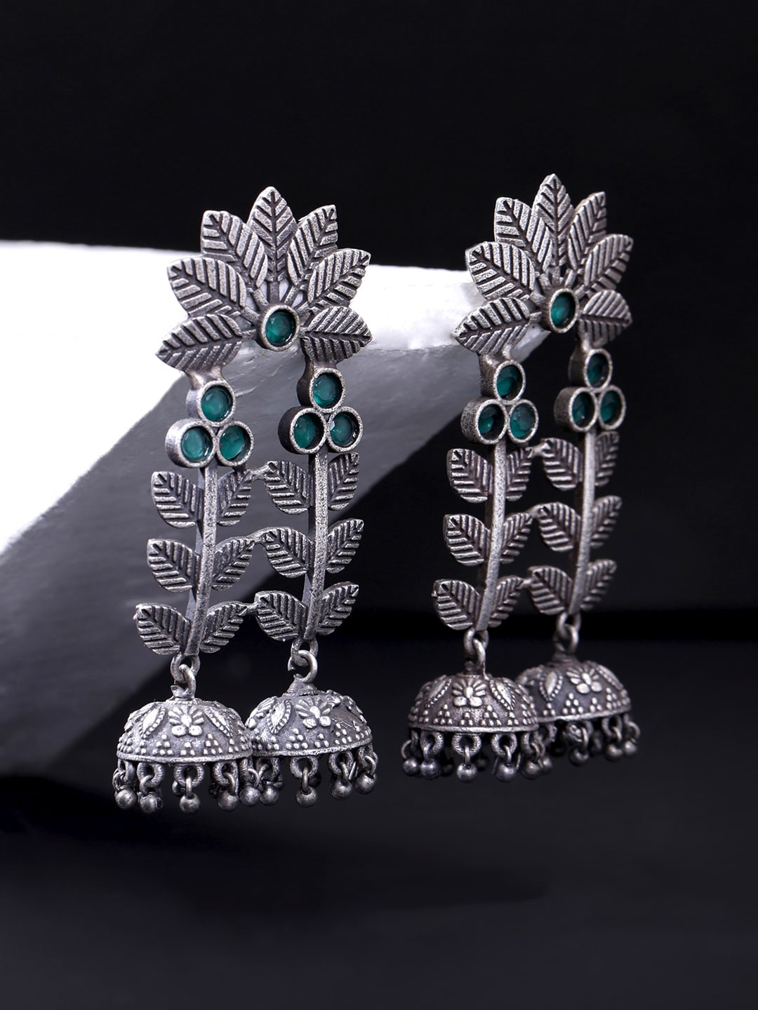 

Yellow Chimes Silver-Toned Leaf Shaped Jhumkas