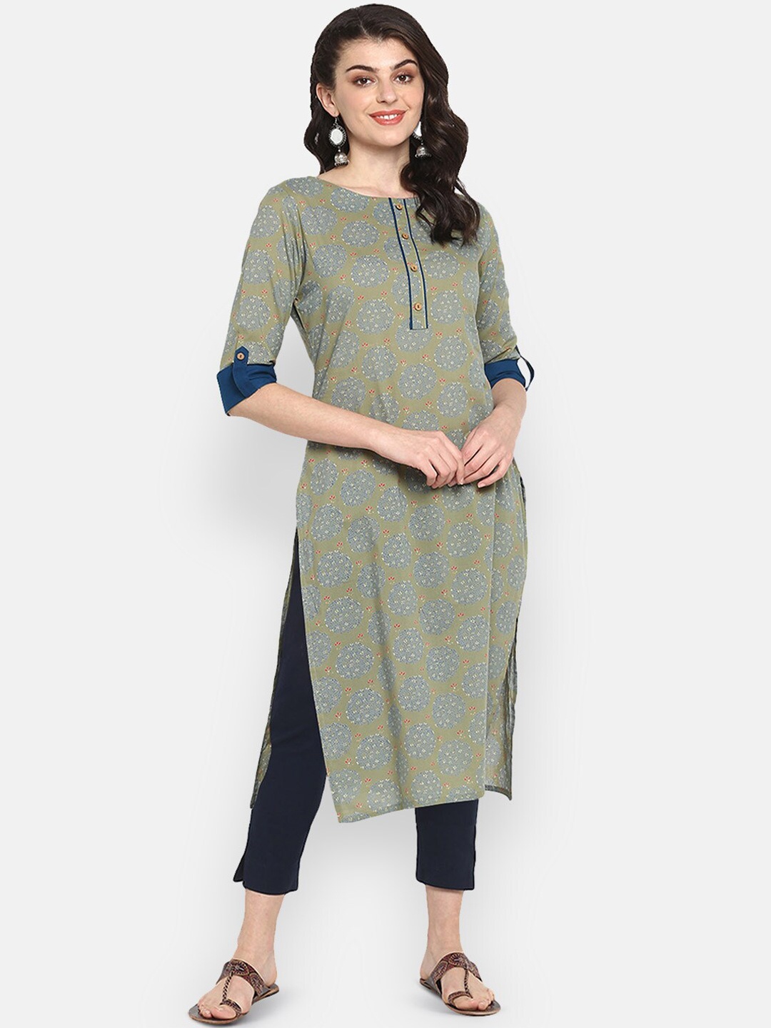 

Janasya Women Green Printed Straight Kurta