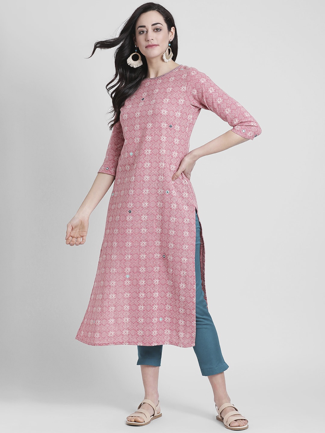 

Azira Women Pink & White Printed Straight Kurta