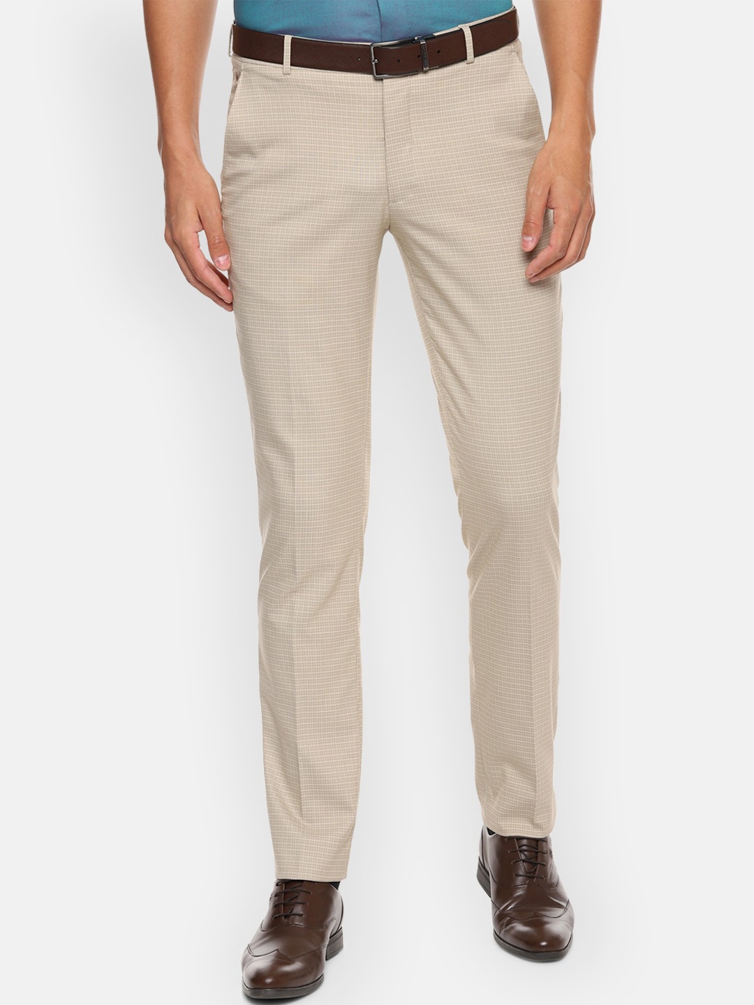 

Louis Philippe Men Beige Slim Fit Checked Formal Trousers