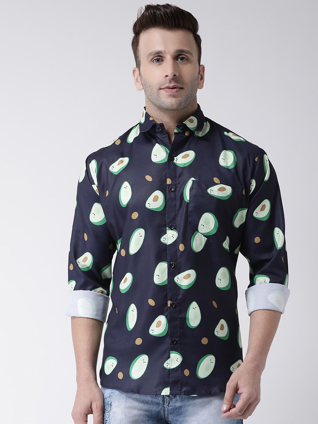 

Hangup Men Navy Blue & Green Slim Fit Printed Casual Shirt