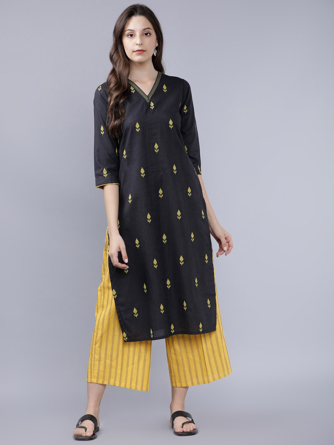 

Vishudh Women Charcoal Grey & Yellow Woven Design Kurta with Palazzos