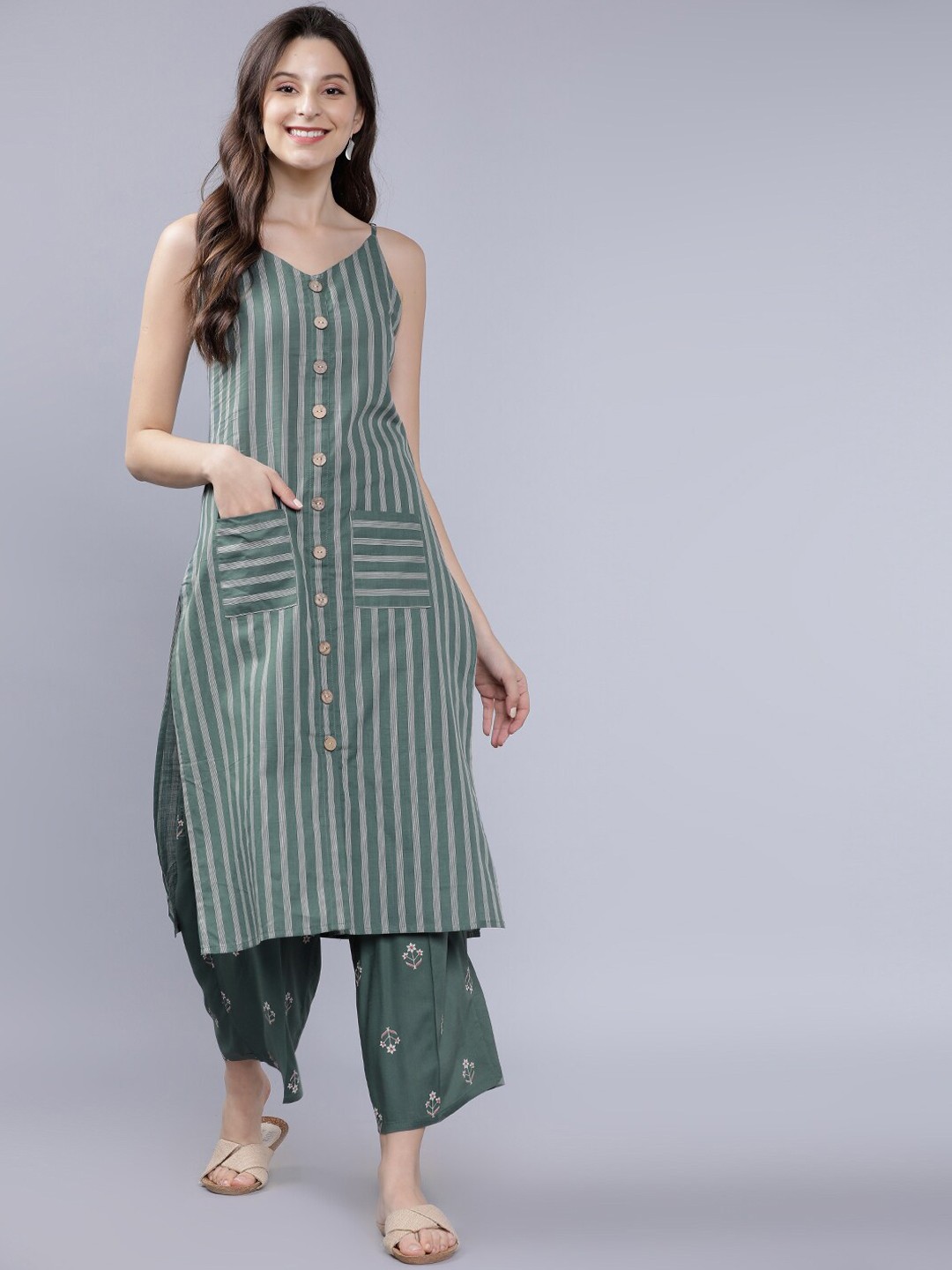 

Vishudh Women Green & Grey Striped Kurta with Palazzos