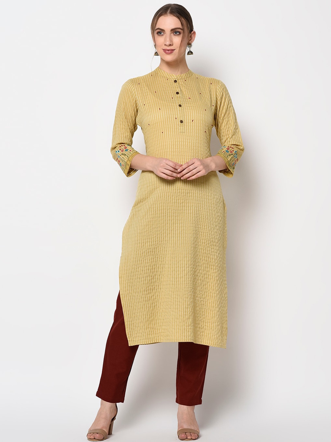 

Yufta Women Mustard Striped Straight Kurta