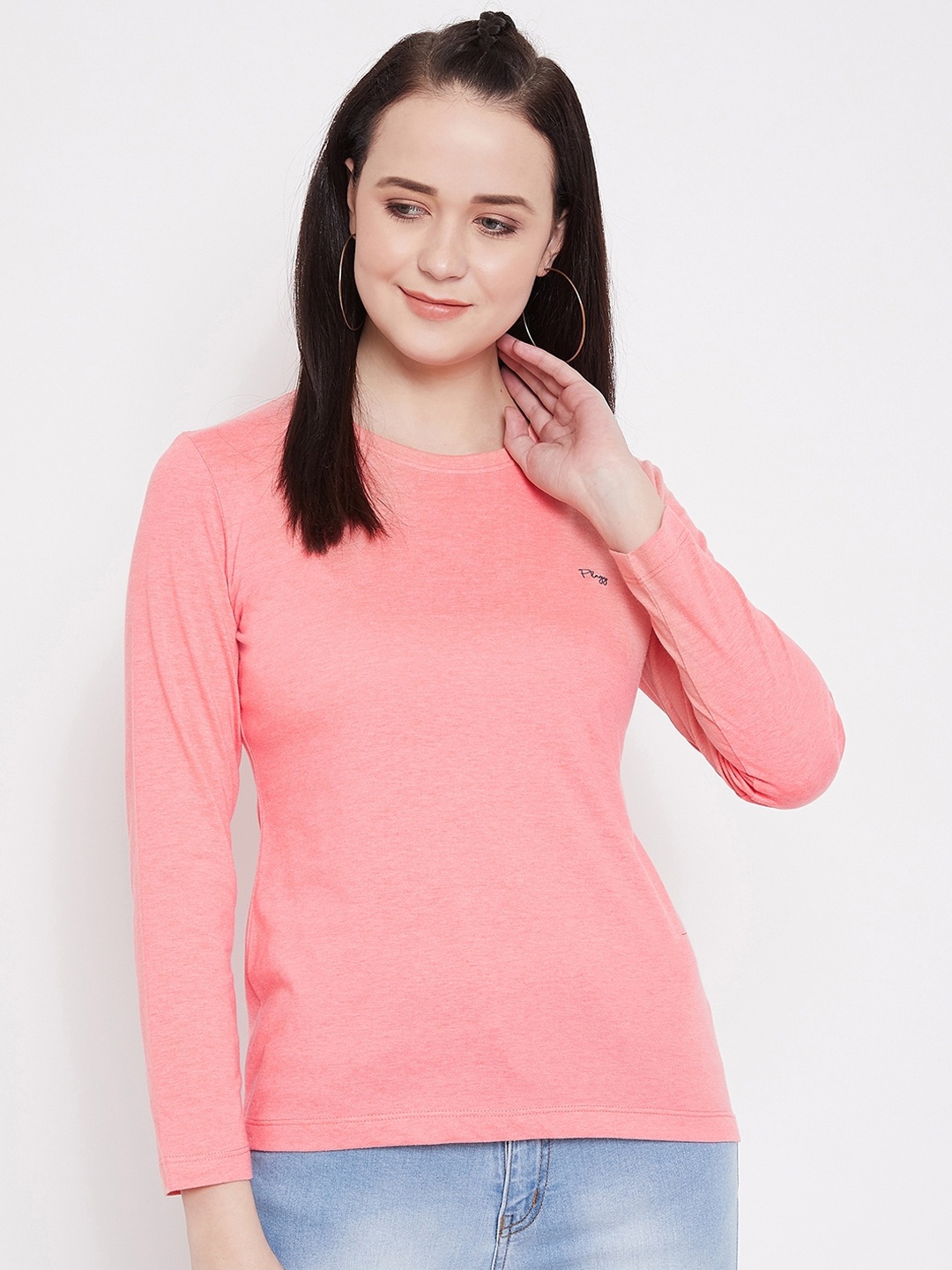 Plagg Women Peach-Coloured Solid Round Neck T-shirt