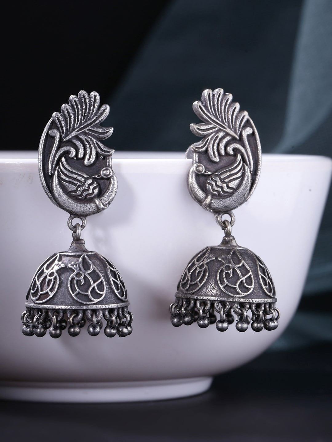 

Yellow Chimes Silver-Plated Peacock Shaped Jhumkas