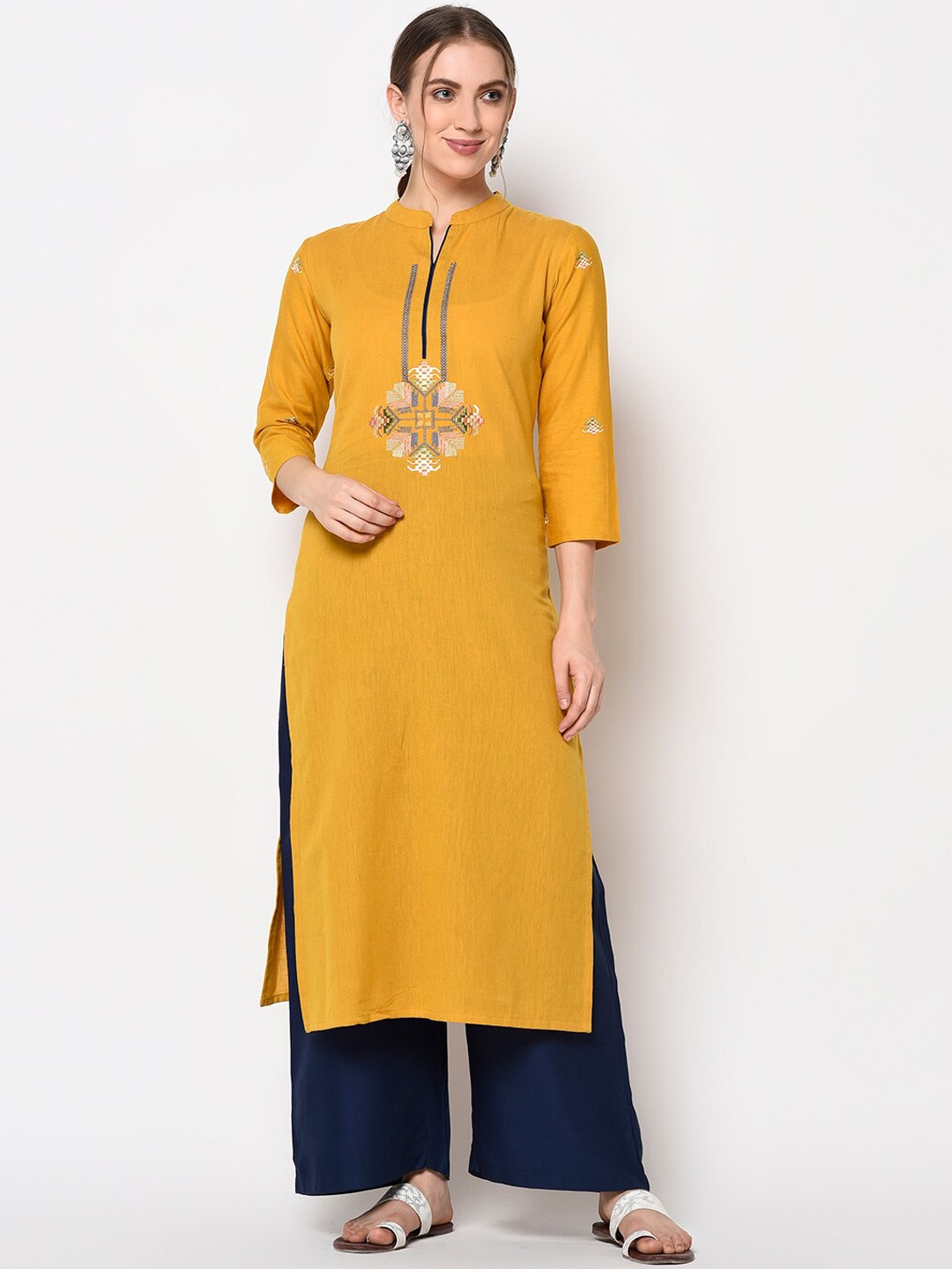 

Yufta Women Yellow Embroidered Straight Kurta