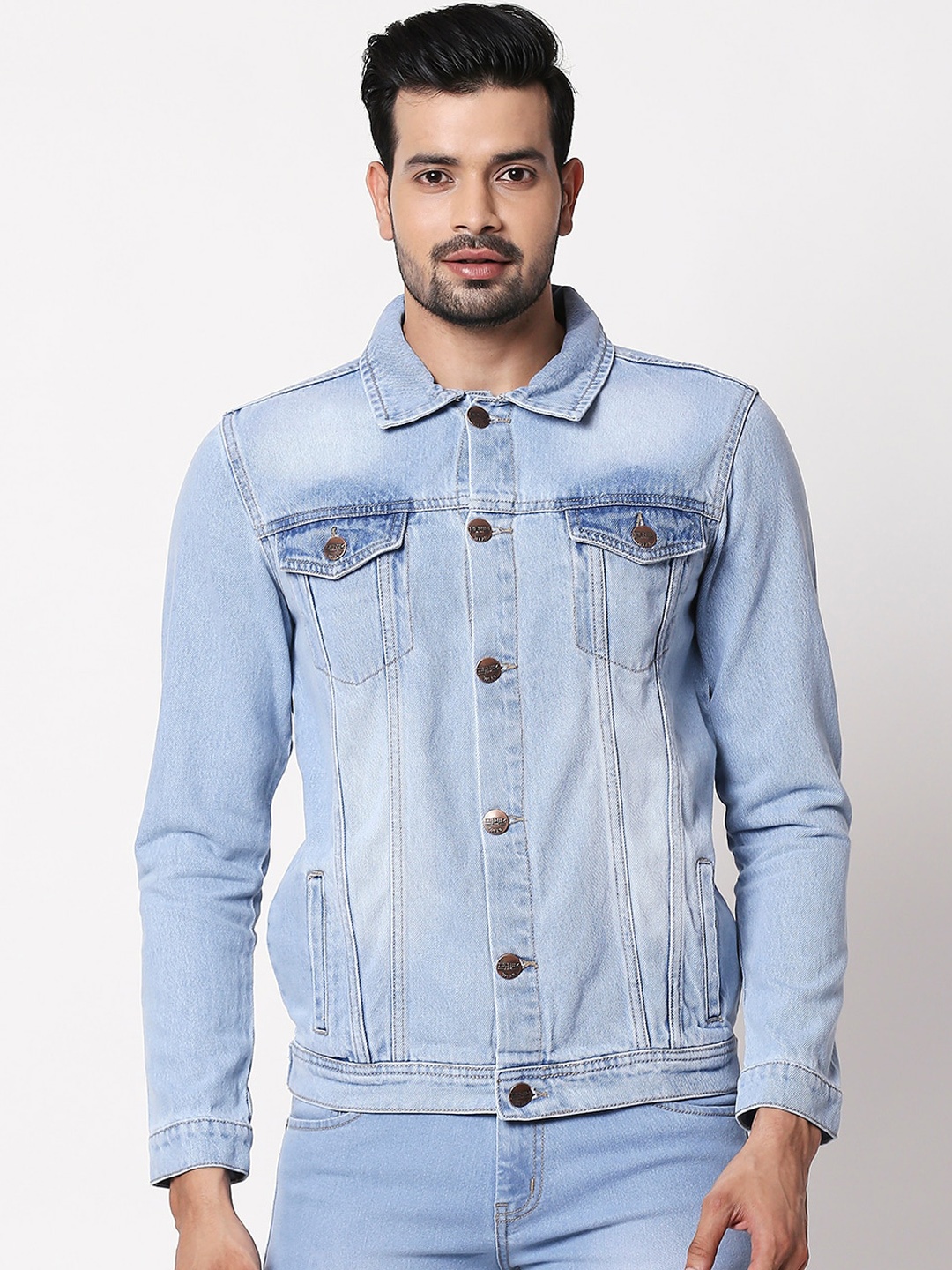 

High Star Men Blue Solid Denim Jacket
