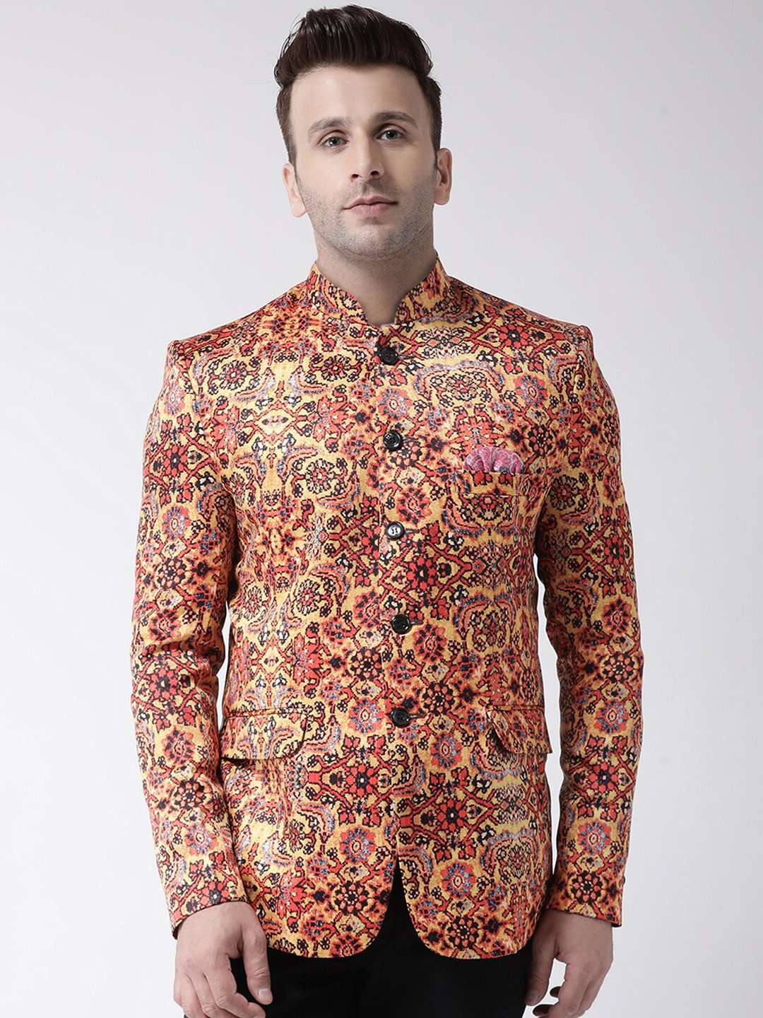 

Hangup Men Multicoloured Printed UV Protected Bandhgala Blazer, Yellow