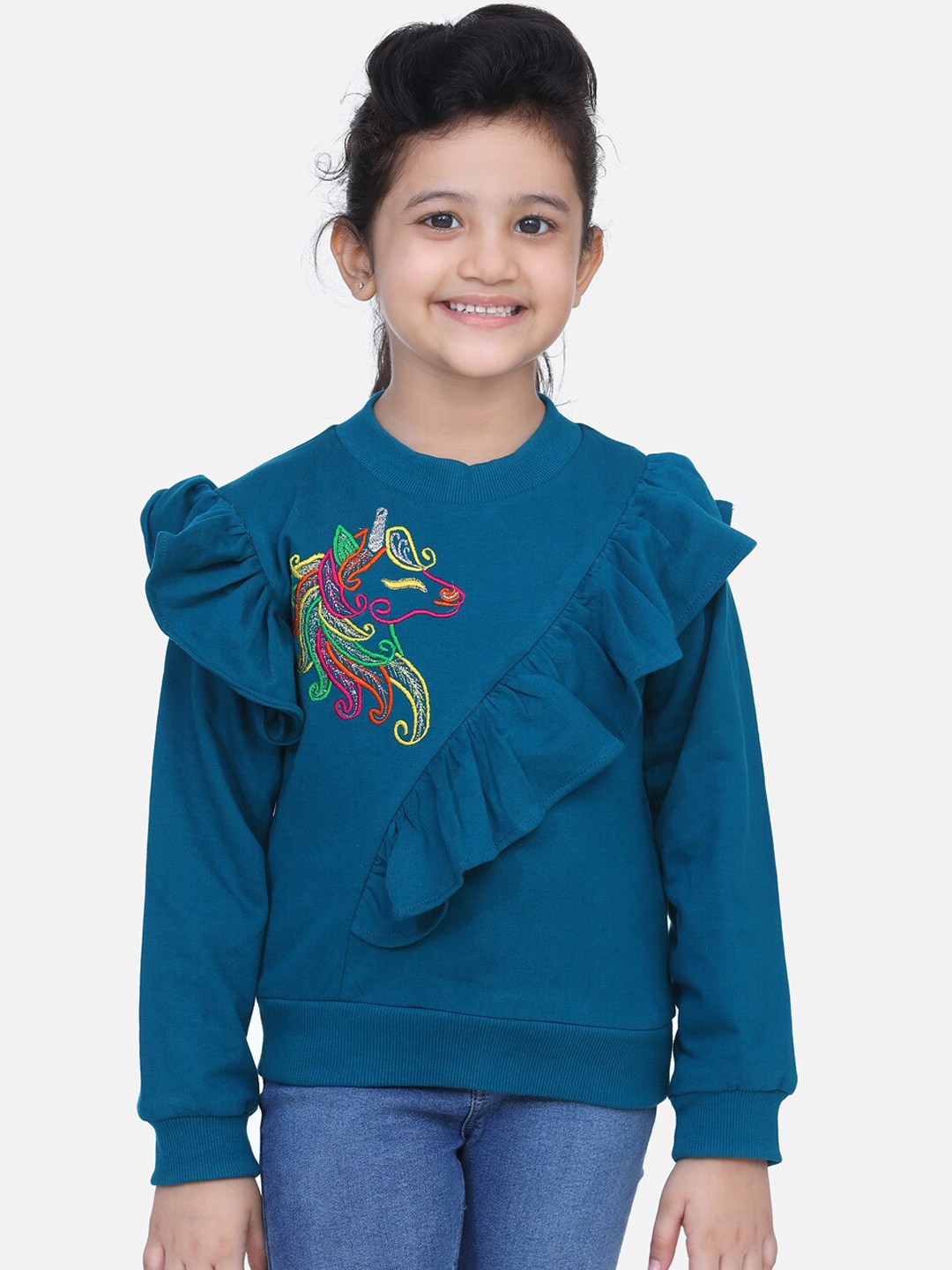 

LilPicks Girls Teal Blue Embroidered Sweatshirt