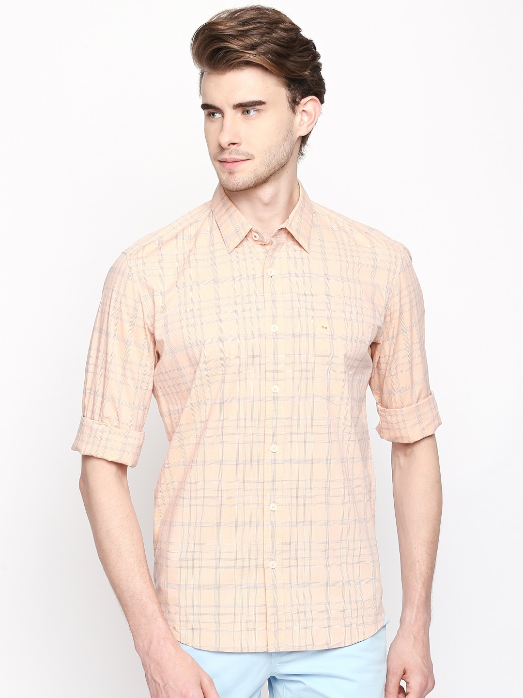 

Basics Men Peach-Coloured Slim Fit Checked Casual Shirt