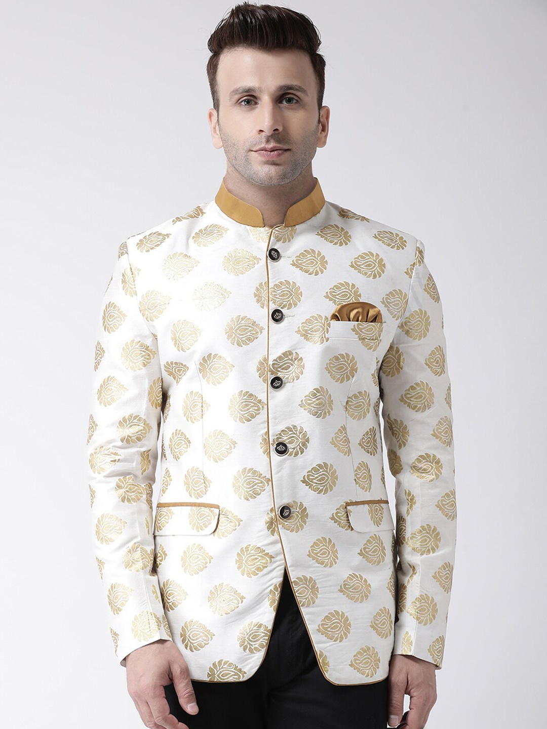 

Hangup Men White & Gold-Coloured Printed Regular-Fit Bandhgala Ethnic Blazer