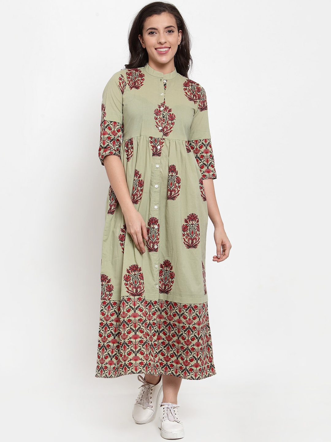 Indibelle Women Green & Red Block Floral Print Fit and Flare Dress
