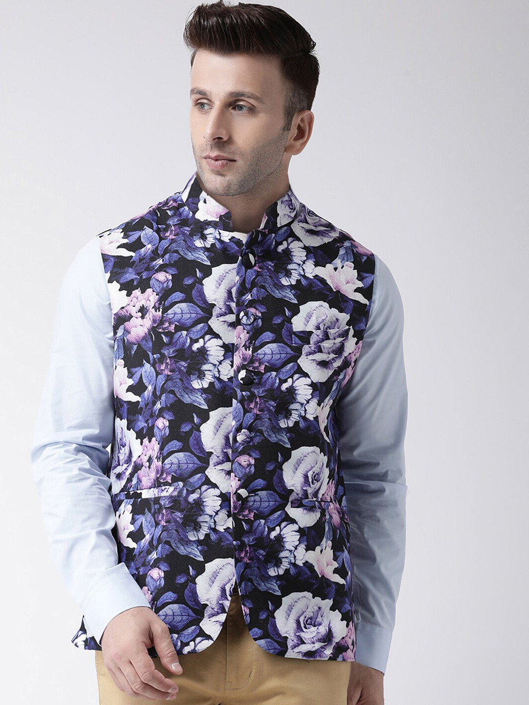 

Hangup Men Black & Blue Printed UV Protected Nehru Jacket