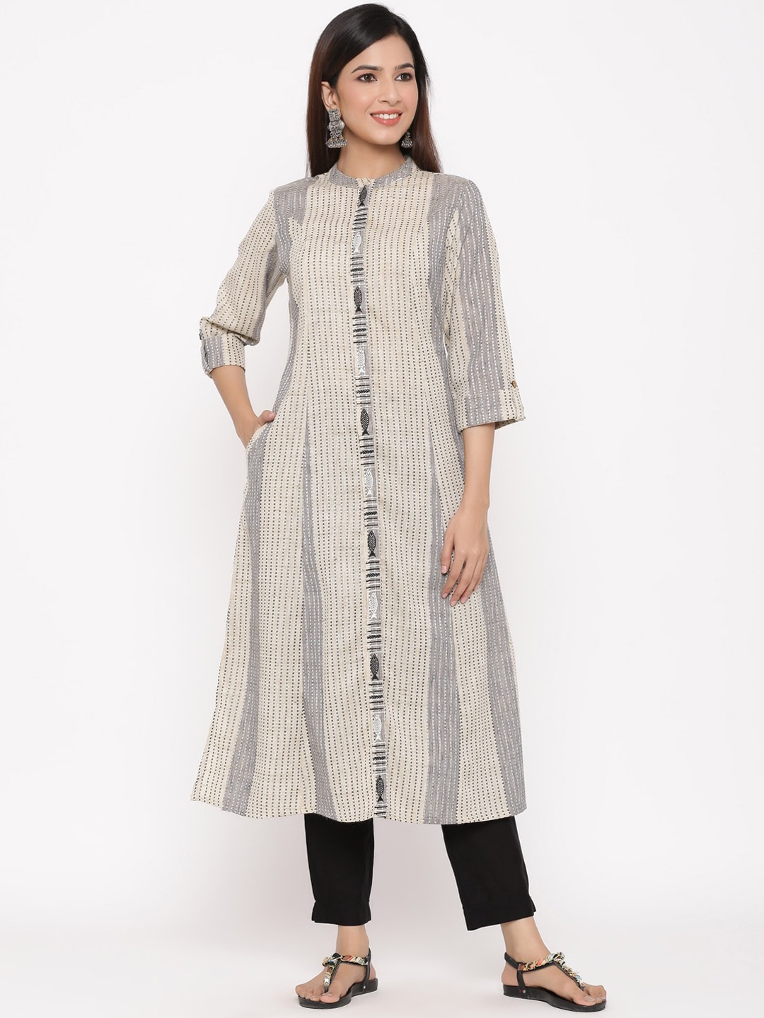 

Juniper Women Beige & Grey Woven Design A-Line Kurta