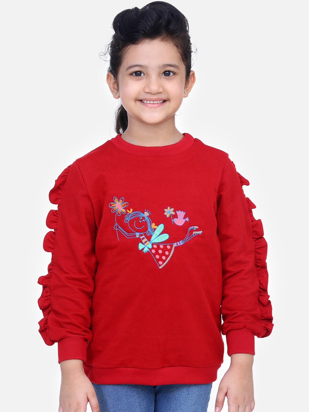 

LilPicks Girls Maroon Embroidered Sweatshirt