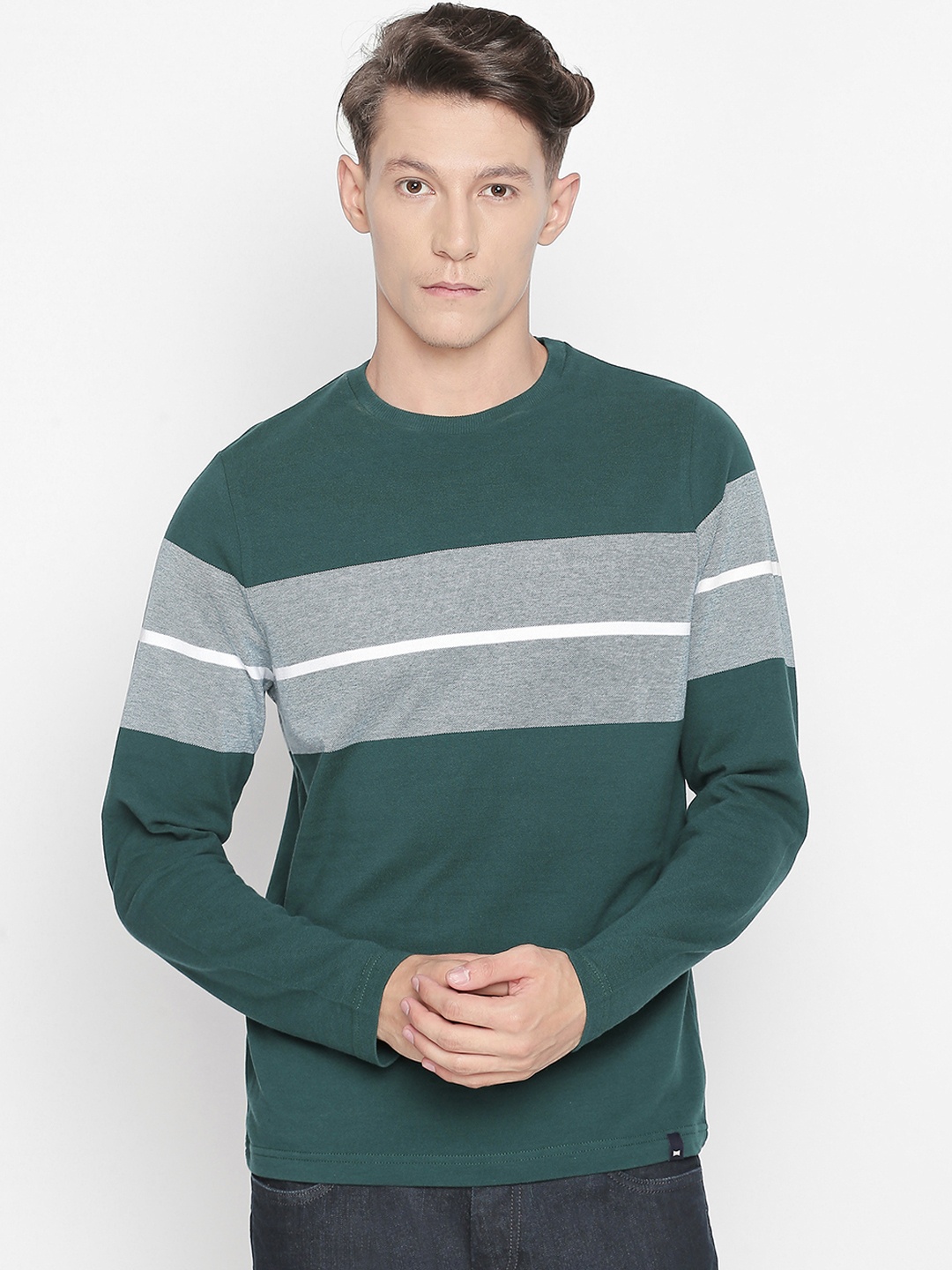 

Basics Men Green Striped Round Neck T-shirt
