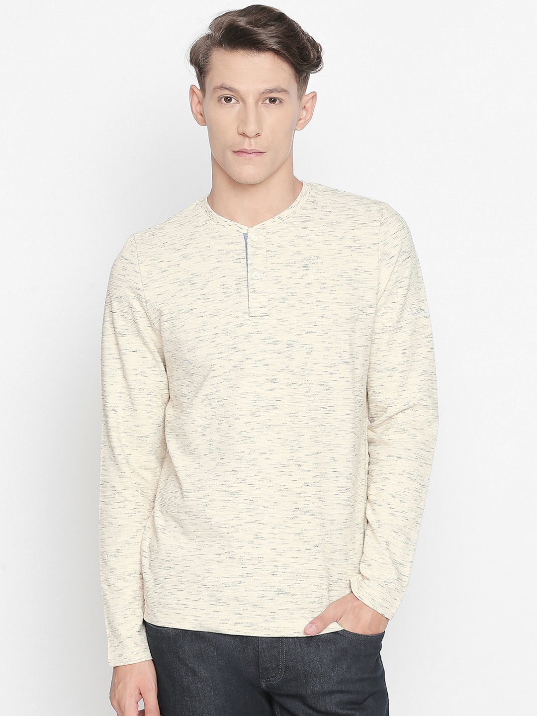 

Basics Men Cream-Coloured Solid Henley Neck T-shirt