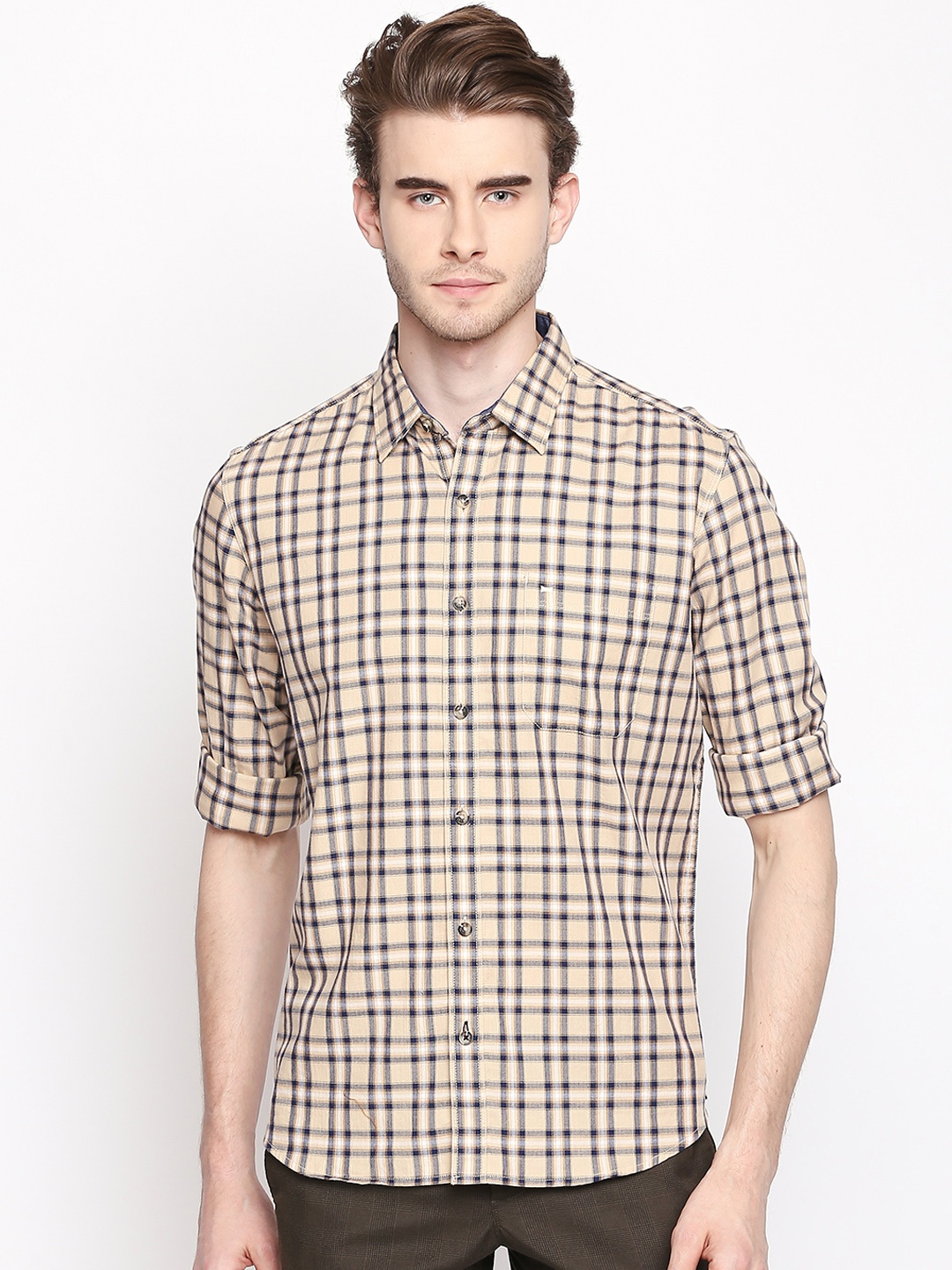 

Basics Men Beige & Navy Blue Slim Fit Checked Casual Shirt