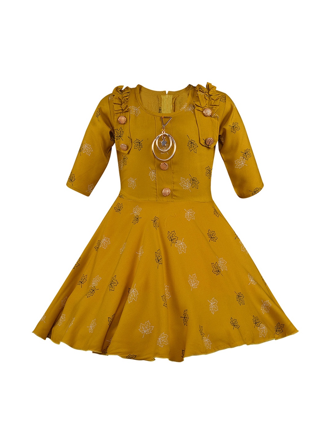 

Wish Karo Girls Mustard Yellow Printed Fit and Flare Dress
