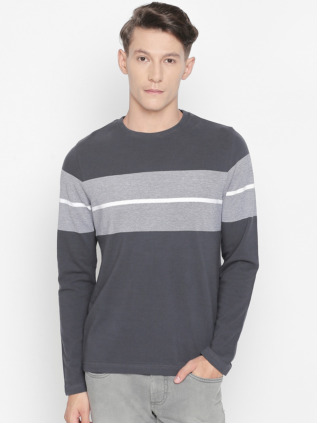 

Basics Men Grey Striped Round Neck T-shirt