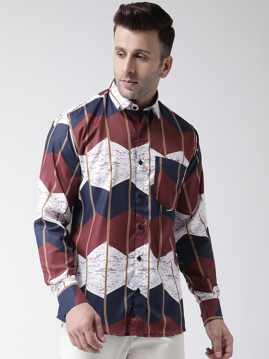 

Hangup Men Brown & Navy Blue Slim Fit Printed Casual Shirt