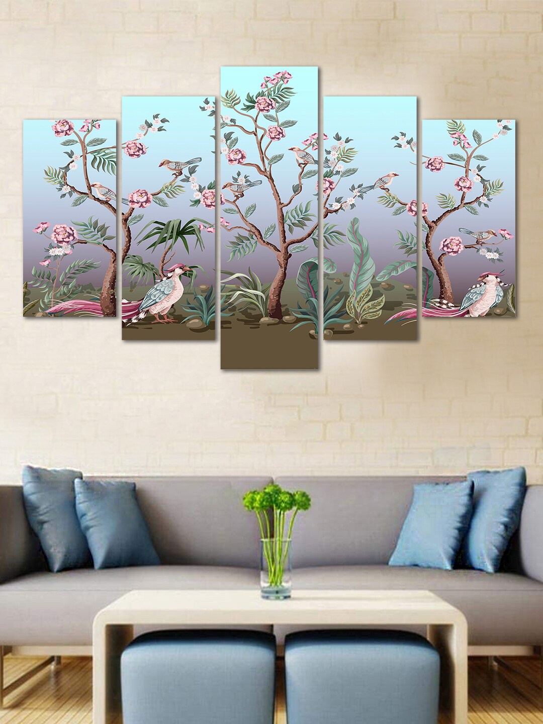 

WENS Blue & Green 5 Panelled Birds & Peonies Velvet Laminated Wall Art