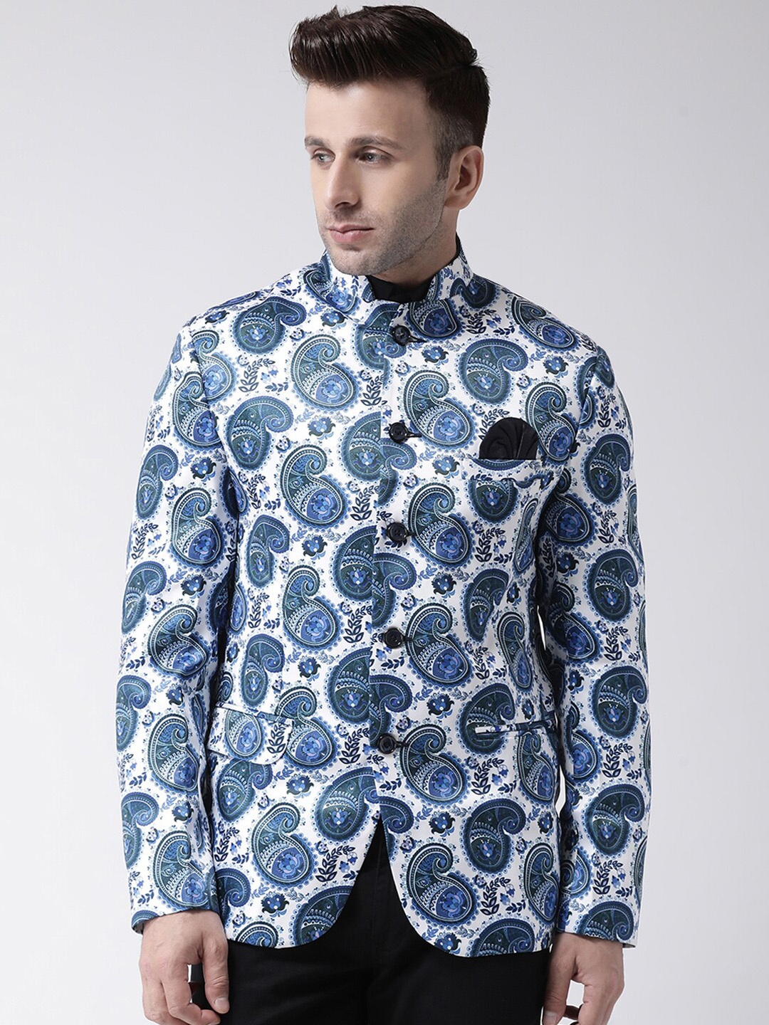 Hangup White & Blue Printed Bandhgala Blazer