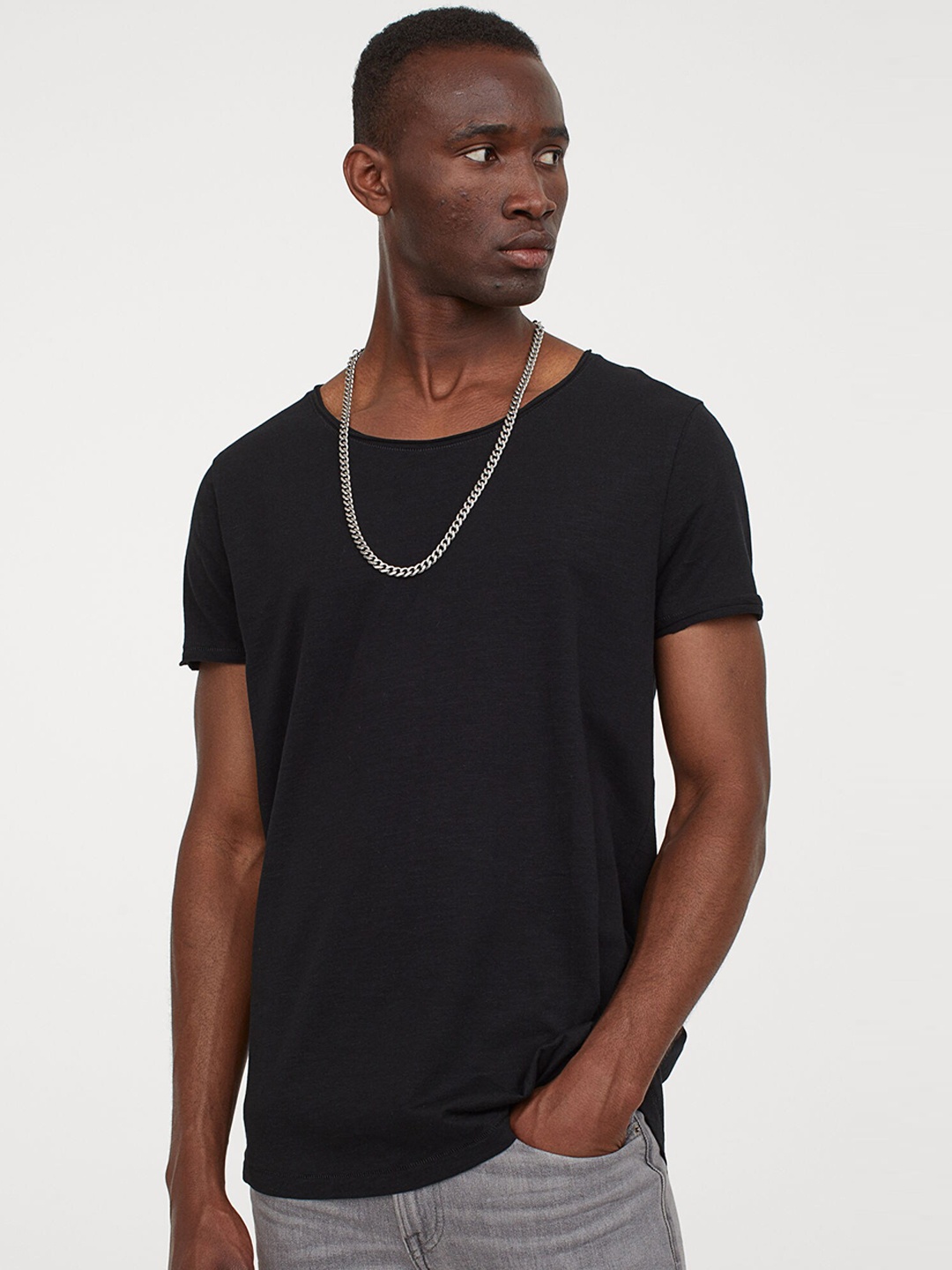 

HM Men Black Raw Edge Cotton Pure Cotton T-shirt