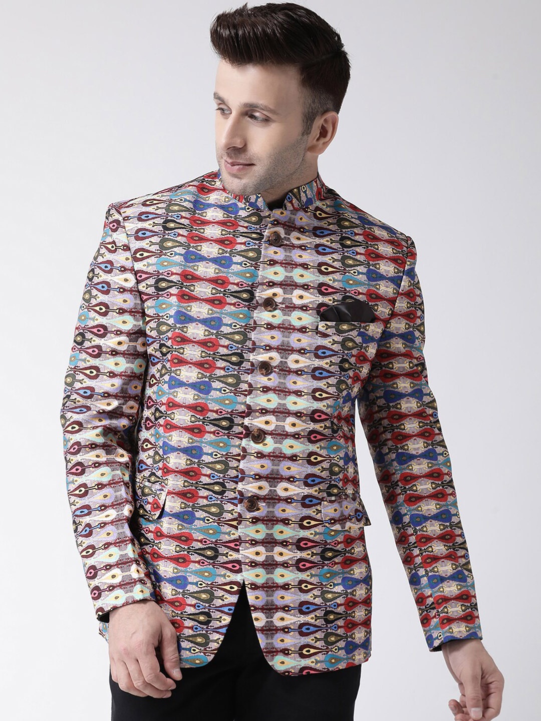 

Hangup Men Beige & Red Printed Bandhgala Blazer