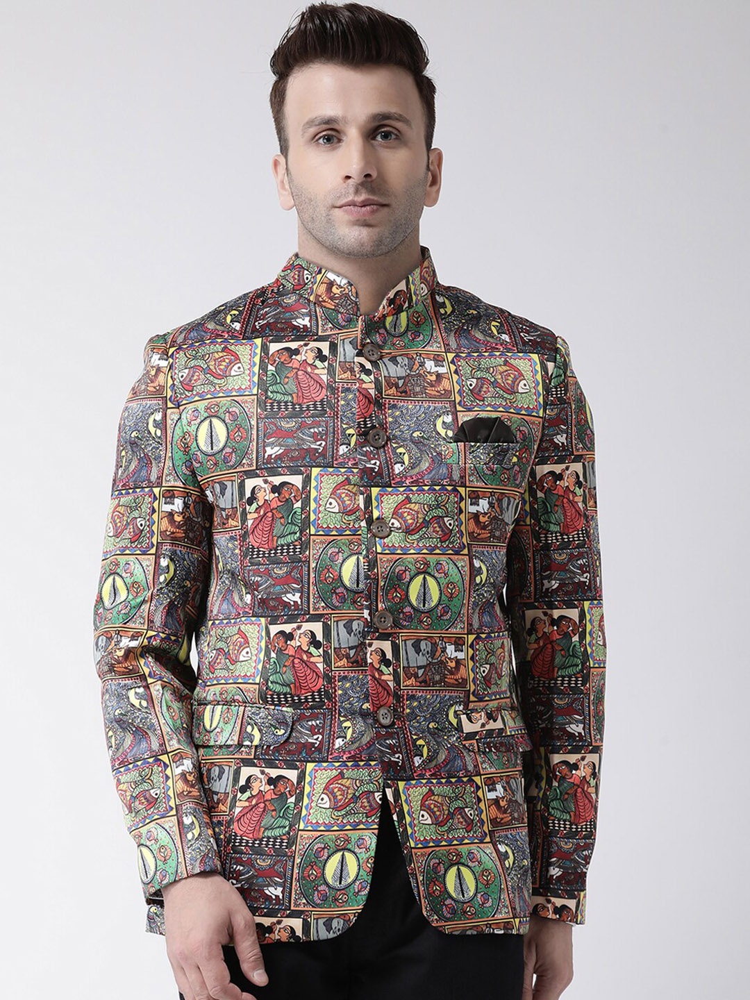 

Hangup Men Blue & Red Printed Bandhgala Blazer