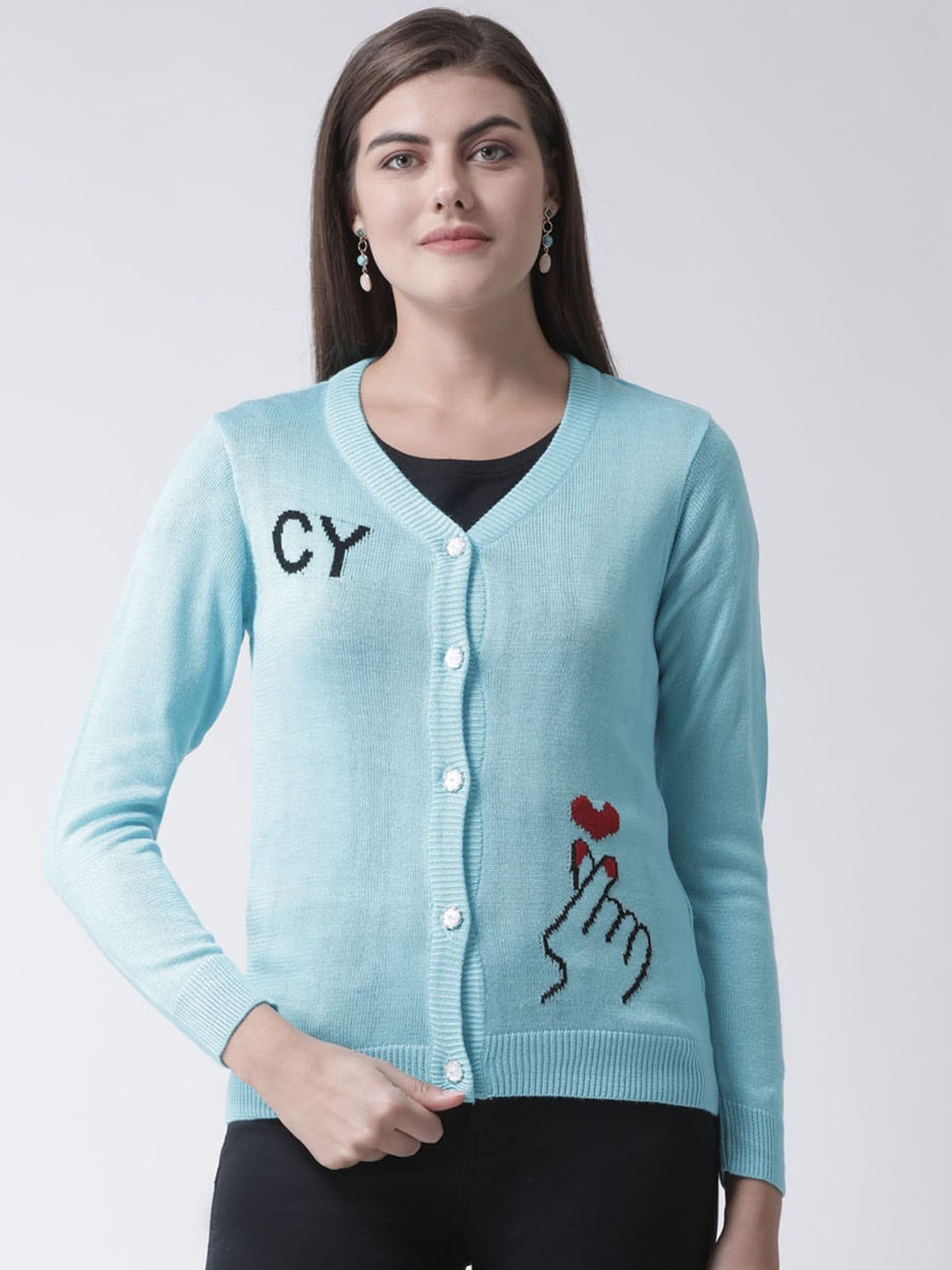 

Club York Women Blue Self Design Cardigan Sweater